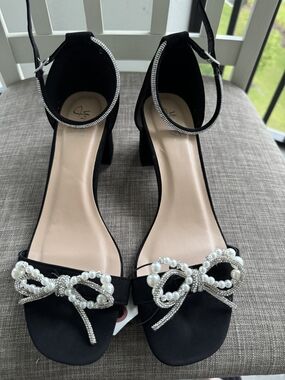 Black Pearl & Rhinestone Bow Ankle-Strap Block Heels